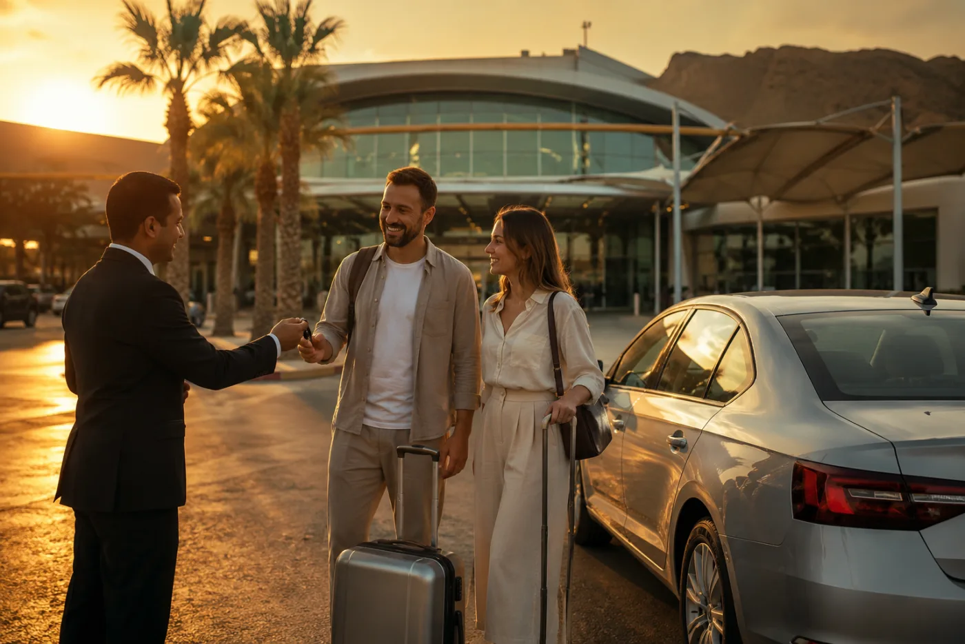 A local ELWALEED agent handing car keys to arriving guests outside Sharm El Sheikh airport at golden hour